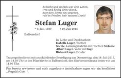 Traueranzeige Stefan Luger
