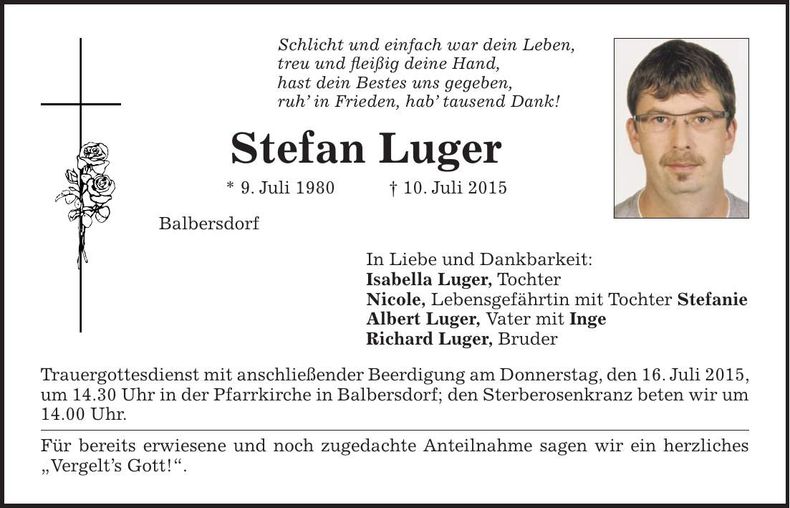 Traueranzeige Stefan Luger