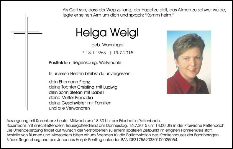 Traueranzeige Helga Weigl