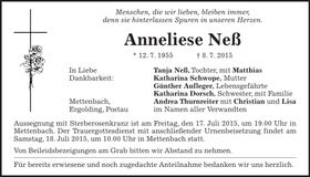 Traueranzeige Anneliese Neß
