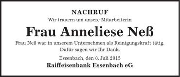 Traueranzeige Anneliese Neß