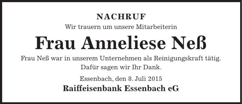 Traueranzeige Anneliese Neß