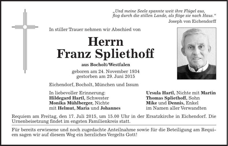 Traueranzeige Franz Spliethoff