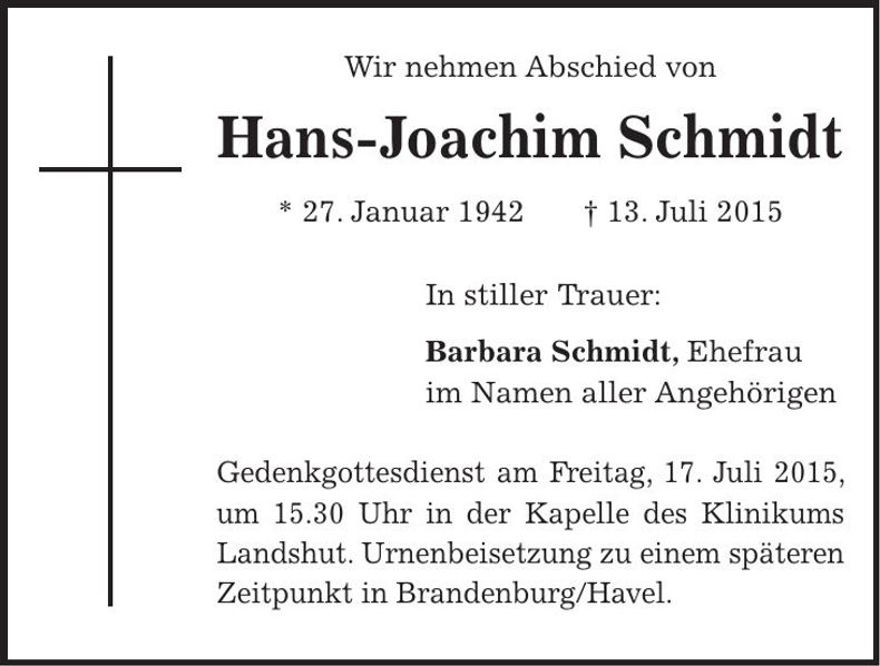Traueranzeige Hans-Joachim Schmidt