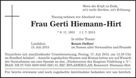Traueranzeige Gerti Hiemann-Hirt