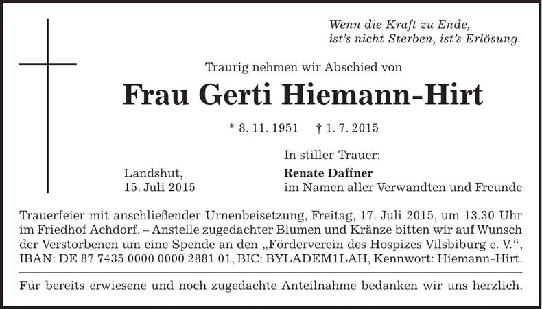 Traueranzeige Gerti Hiemann-Hirt
