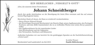 Traueranzeige Johann Schneidtberger