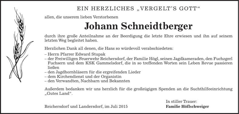 Traueranzeige Johann Schneidtberger