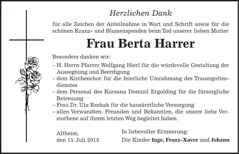 Traueranzeige Berta Harrer