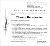 Traueranzeige Therese Hetzenecker