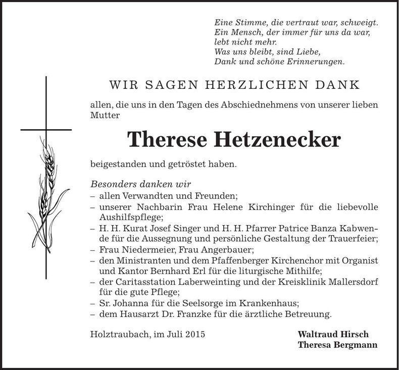 Traueranzeige Therese Hetzenecker