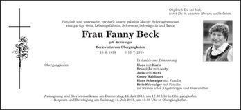 Traueranzeige Fanny Beck