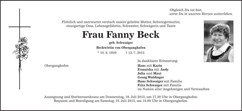 Traueranzeige Fanny Beck