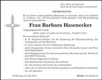 Traueranzeige Barbara Hasenecker
