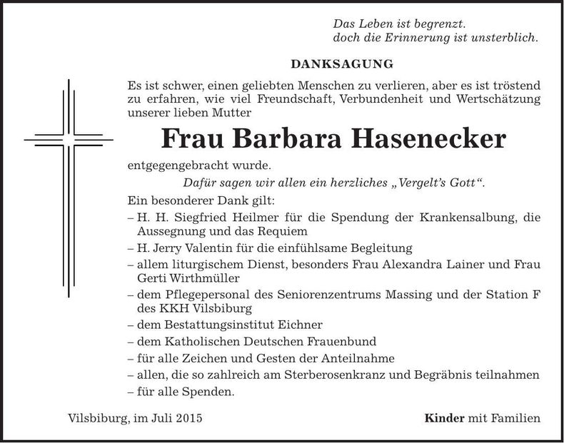 Traueranzeige Barbara Hasenecker