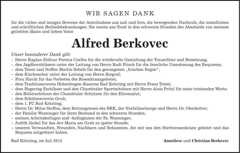 Traueranzeige Alfred Berkovec