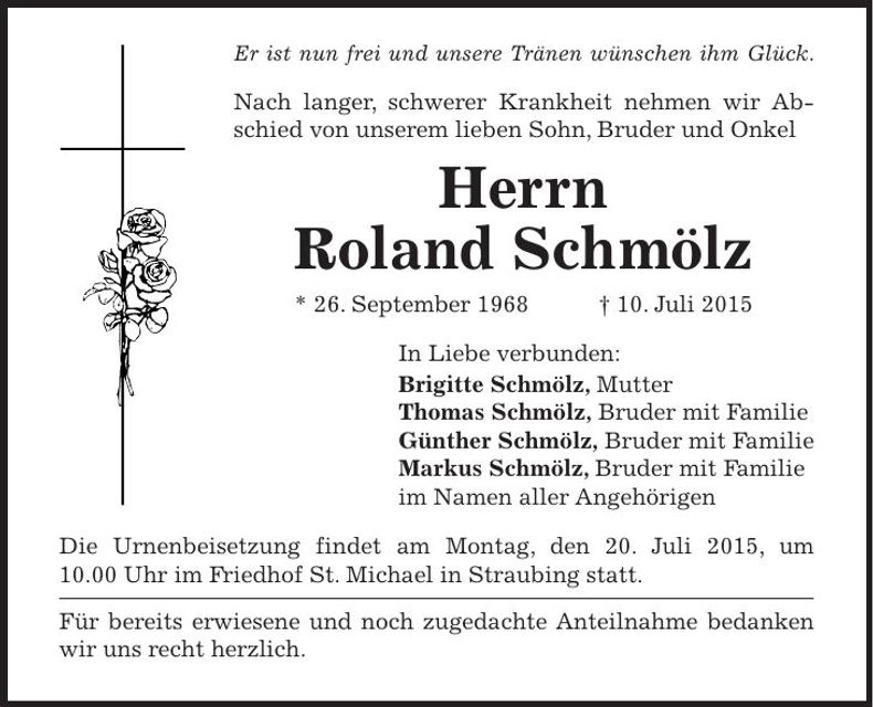 Traueranzeige Roland Schmölz