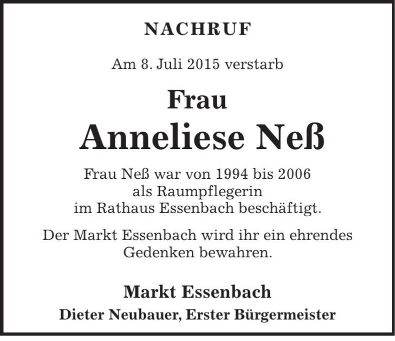Traueranzeige Anneliese Neß
