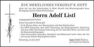 Traueranzeige Adolf Listl