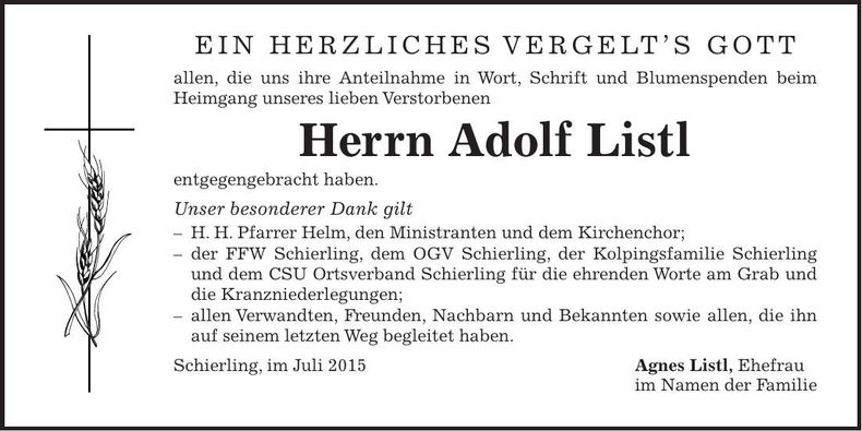 Traueranzeige Adolf Listl