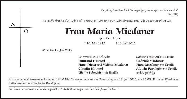 Traueranzeige Maria Miedaner