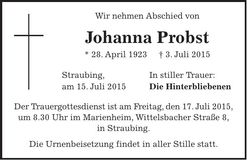Traueranzeige Johanna Probst