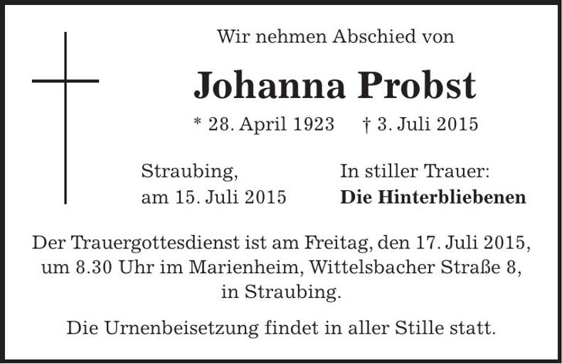 Traueranzeige Johanna Probst