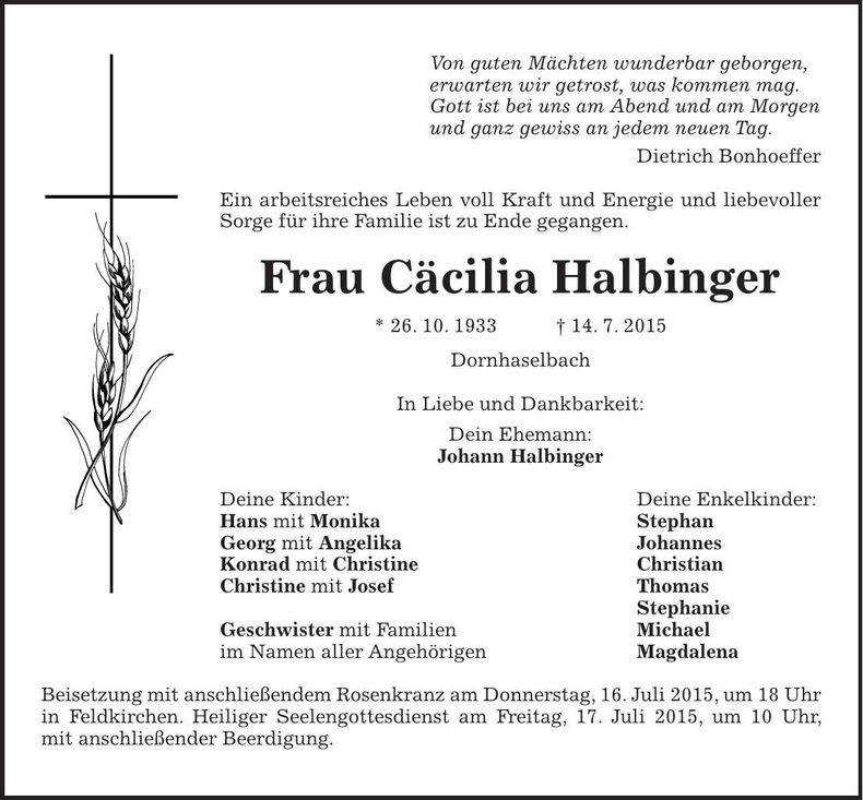 Traueranzeige Cäcilia Halbinger
