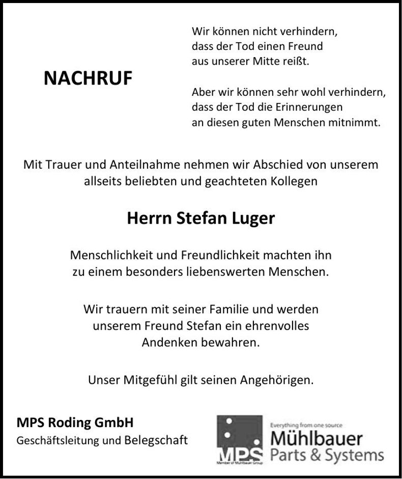 Traueranzeige Stefan Luger