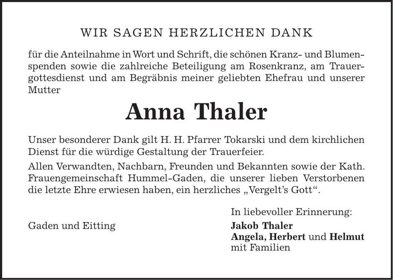 Traueranzeige Anna Thaler