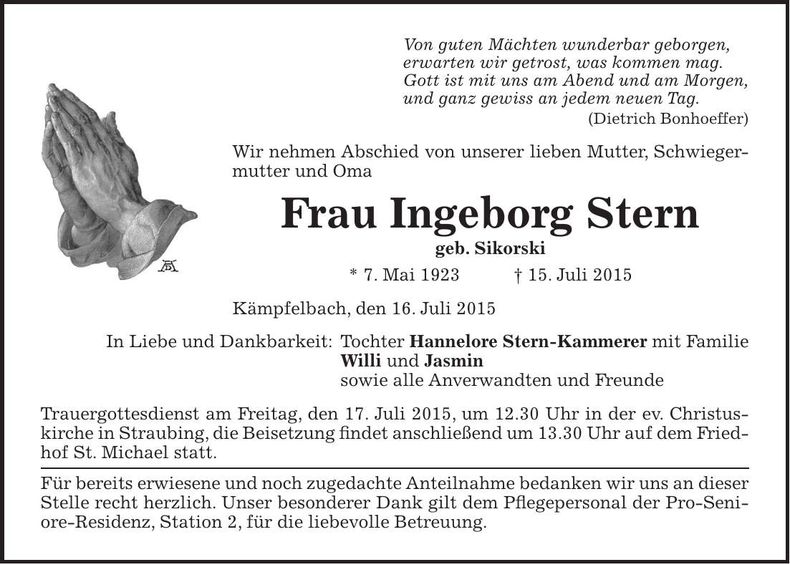 Traueranzeige Ingeborg Stern