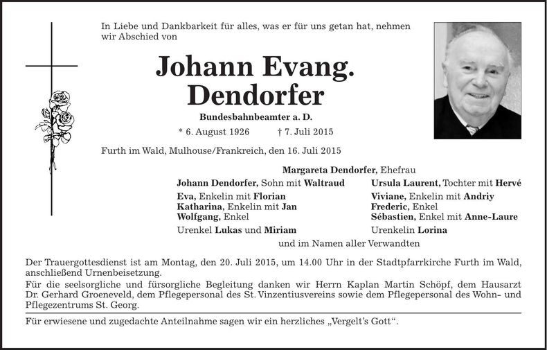 Traueranzeige Johann Evang. Dendorfer