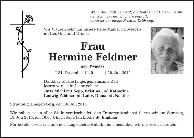 Traueranzeige Hermine Feldmer
