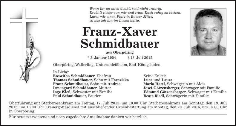 Traueranzeige Franz-Xaver Schmidbauer