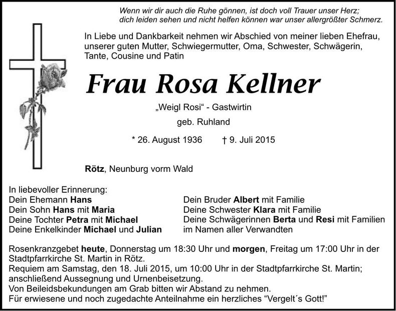 Traueranzeige Rosa Kellner