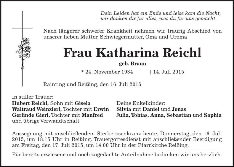 Traueranzeige Katharina Reichl
