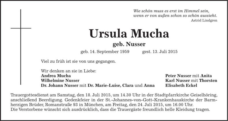 Traueranzeige Ursula Mucha