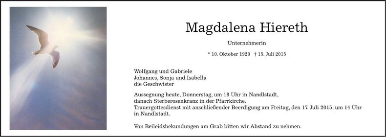 Traueranzeige Magdalena Hiereth