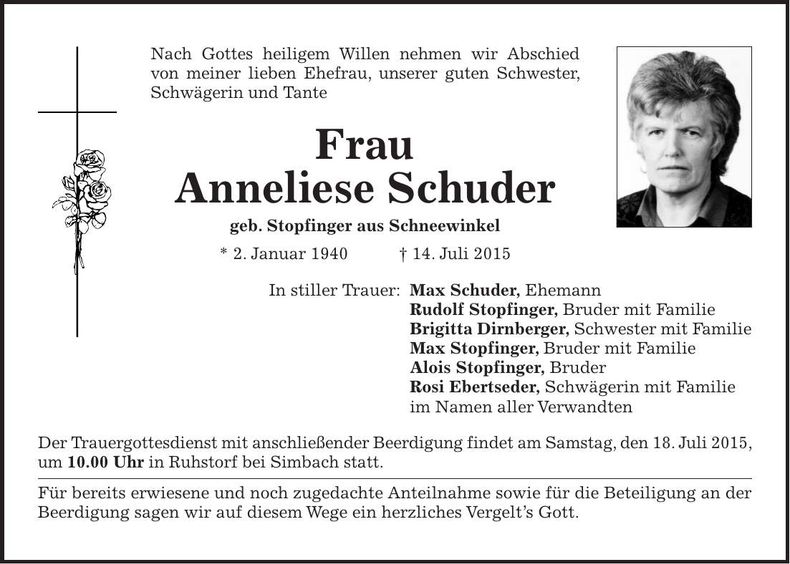 Traueranzeige Anneliese Schuder