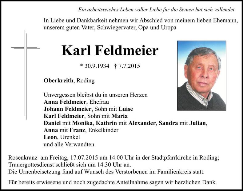 Traueranzeige Karl Feldmeier