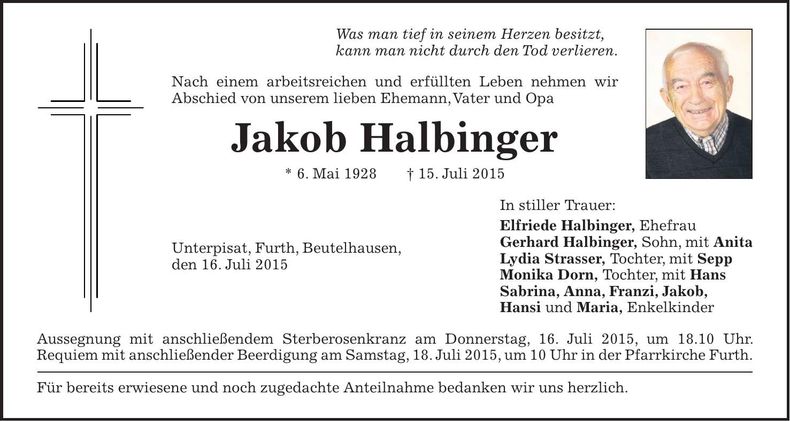 Traueranzeige Jakob Halbinger