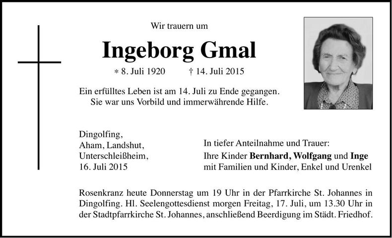Traueranzeige Ingeborg Gmal
