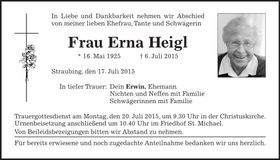 Traueranzeige Erna Heigl