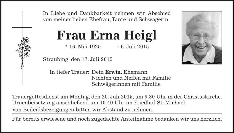 Traueranzeige Erna Heigl