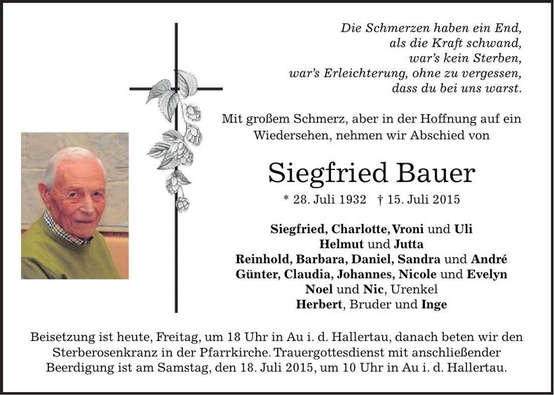 Traueranzeige Siegfried Bauer