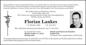 Traueranzeige Florian Lankes