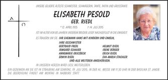 Traueranzeige Elisabeth Pesold