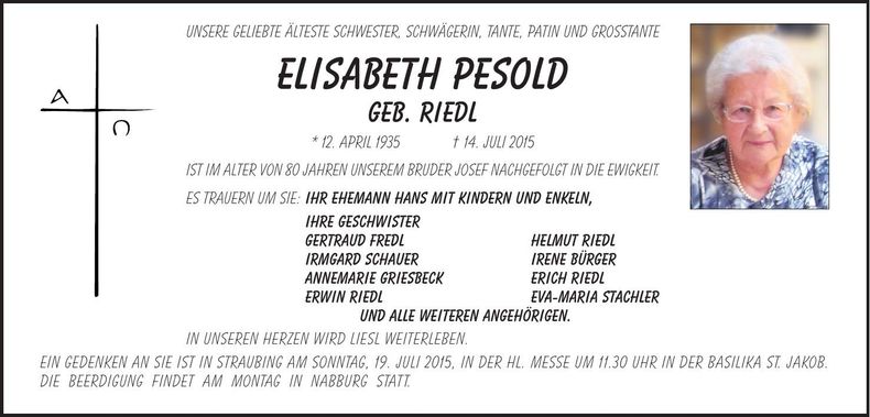 Traueranzeige Elisabeth Pesold