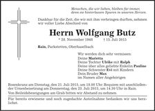 Traueranzeige Wolfgang Butz