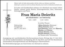 Traueranzeige Maria Deieritz